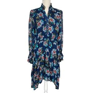 Tolani Dora Azure Chiffon Floral Dress Women’s Size M Sheer Long Sleeves Tiered